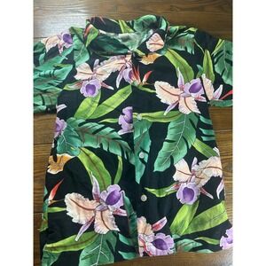 Vin 90s Hawaiian Aloha Shirt Tropical S Floral Black Green Purple Made USA EUC